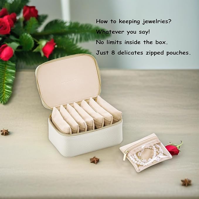 Vlando Travel Jewelry Box Organizer - 8 Small Velvet Zipped Pouches Pockets for Jewelries Necklaces Rings Earrings Sorting Storage, Offwhite