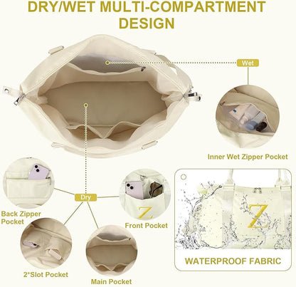 Personalized Initial Gym Dance Bag, Travel Duffel Bag for Teen Girls, Carry On Bag Overnight Weekender Bag with Trolley Sleeve, Birthday Gifts for Women Mom Daughter Graduation Gift(Letter Z, Beige)