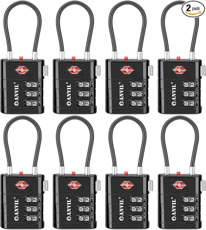 ANVIL TSA Approved Luggage Locks – High Security TSA008 Combination Travel Locks with Inspection Indicator for Suitcases and Backpacks. (8, Black)