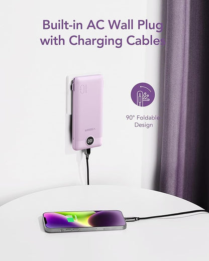 VEGER Portable Charger for iPhone Built in Cables and Wall Plug, 10000mah Slim Fast Charging USB C Power Bank, Travel Essential Battery Pack Compatible with iPhones, iPad, Samsung More Devices(Purple)