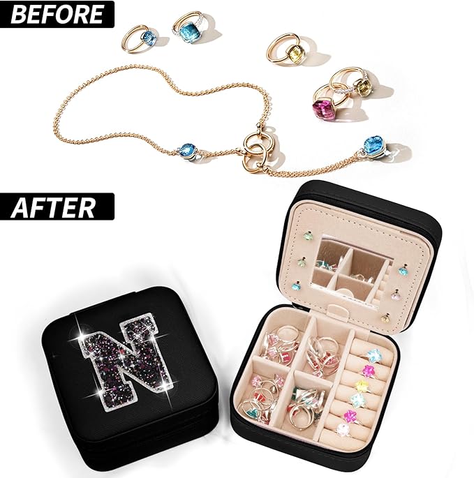Personalized Jewelry Case for Women Girls - Fashion Mini Jewelry Boxes - Trendy Travel Jewelry Organizer with Initials Letter - Teen Gifts | Black,N