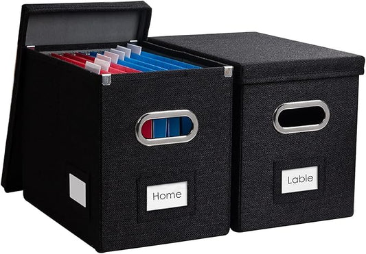 PRANDOM File Organizer Box - Set of 2 Collapsible Decorative Linen Filing Storage Hanging File Folders with Lids Office Cabinet Letter Size Black (14x9.3x10.8 inch)
