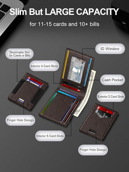 Wallet for Men Slim Leather Wallets for 13-17 Cards, RFID Blocking Thin Card Holder Wallet with ID Window & Large Capacity Cash Slot, Minimalist Bifold Small Wallet for Front Pocket, Gift for Men