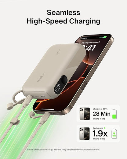 Belkin Portable Charger, Slim USB-C Power Bank 10,000mAh w/ 2 USB-C Ports, Digital Battery Display, 20W Charging Battery Pack - iPhone 17, Air, Pro, Samsung Galaxy S25, Pixel 10, iPad, & More - Sand