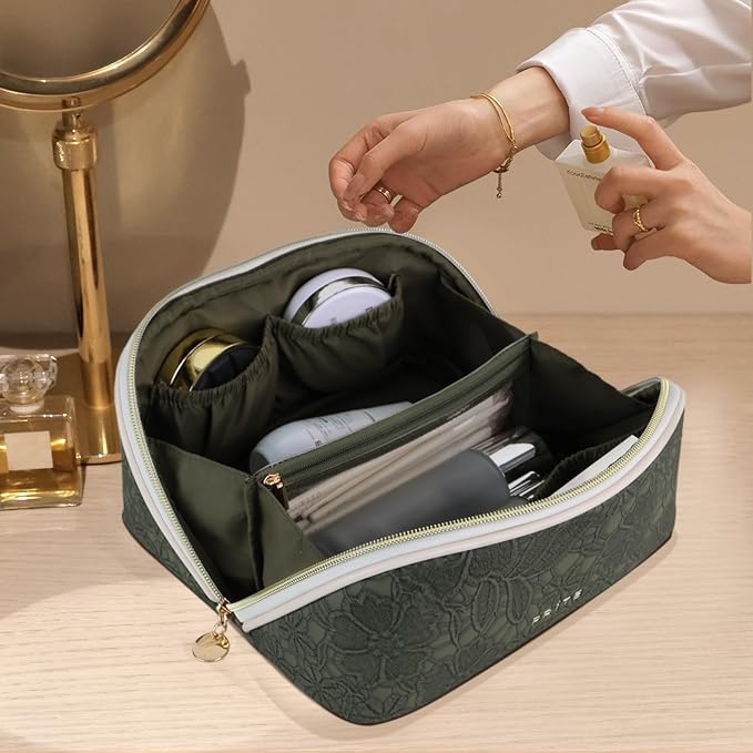 Prite Travel Cosmetic Bag Makeup Organizer Bag For Women Large Capacity Waterproof PU Leather Toiletry Bag with Handle and Clear Divider(Green Flower)