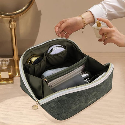 Prite Travel Cosmetic Bag Makeup Organizer Bag For Women Large Capacity Waterproof PU Leather Toiletry Bag with Handle and Clear Divider(Green Flower)