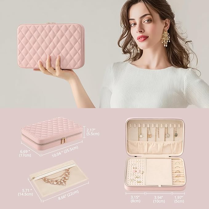 Lolalet Travel Jewelry Case for Women Girls, Travel Jewelry Organizer Box with Mirror & Clear Storage Bag, Small Portable Earring Necklace Bracelet Ring Case, Birthday Christmas Gifts -Large, Pink