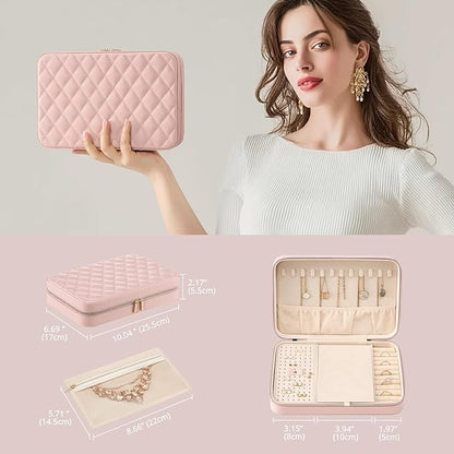 Lolalet Travel Jewelry Case for Women Girls, Travel Jewelry Organizer Box with Mirror & Clear Storage Bag, Small Portable Earring Necklace Bracelet Ring Case, Birthday Christmas Gifts -Large, Pink