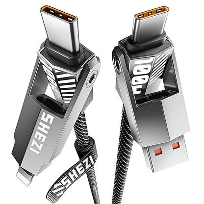 SHEZI Nylon Braided 4 in 1 USB C Cable 100W 3FT Compatible with Lightning Cable, Fast Charging for iPhone/iPad Charger Cord [480Mbps Data Sync],Multi Charging Cable with Type C/USB A, Grey