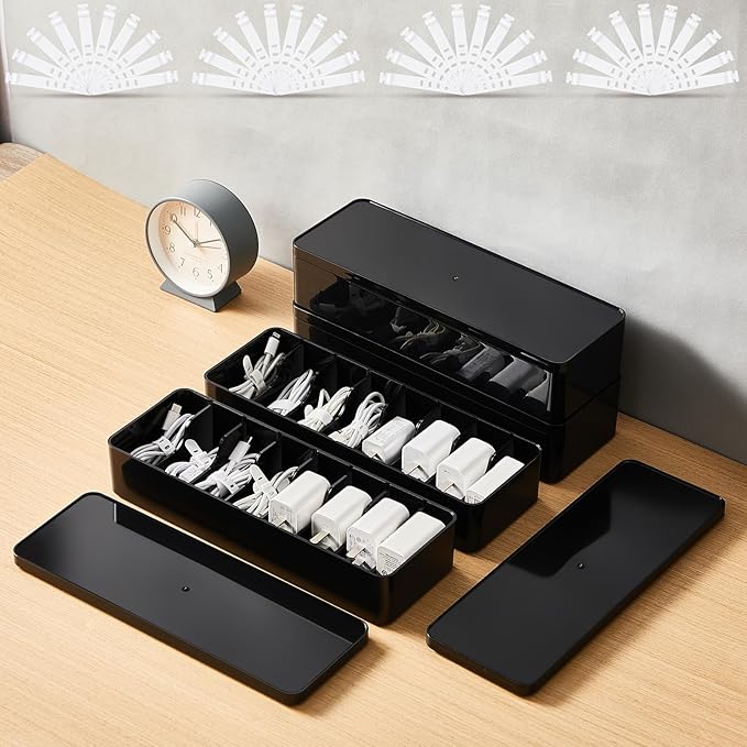 Tatuo 4 Pcs Cable Organizer Box with Wire Ties, Plastic Cord Storage Box with Lid, Electronics Organizer for Home Office Desk Organizers and Accessories (Black)