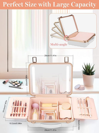 Kalolary Travel Makeup Train Cases with Lighted Mirror 3 Color Setting, Makeup Bag Cosmetic Case Organizer Adjustable Brightness Portable Makeup Storage Box For Makeup Brushes Accessories Tools,White