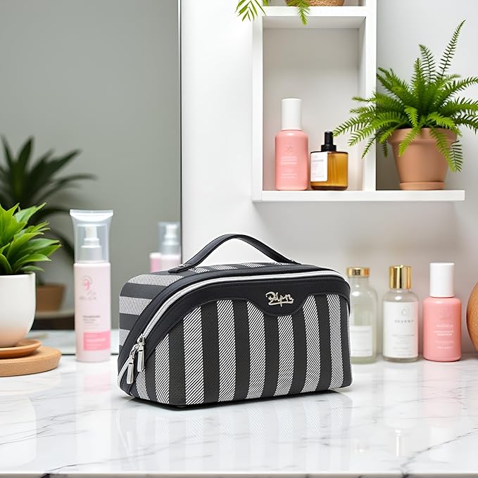 BOYATU Travel Makeup Bag for Women: Large Cosmetic Bag Set of 3 - PU Leather Make up Bag with Compartments - Compact Waterproof Toiletry Bag with Divider & Handle (B-4-Black)