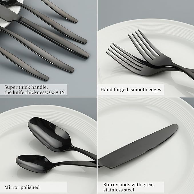 Black 40-Piece Silverware Set,Stainless Steel Flatware Utensils Cutlery Set for 8,Including Steak Knife Fork and Spoon,Dishwasher Safe,Modern Tableware for Home & Dining