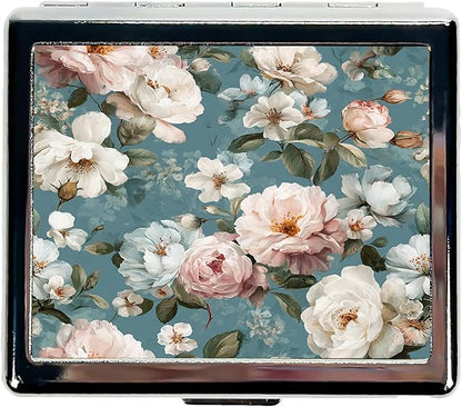 7 Days Chromed Shiny Silver Pill Organizer with Mirror Inside Has 8 Separate Compartments Rectangle,Versatile Storage for Medication - Ideal Travel Accessory (Painted Flowers)