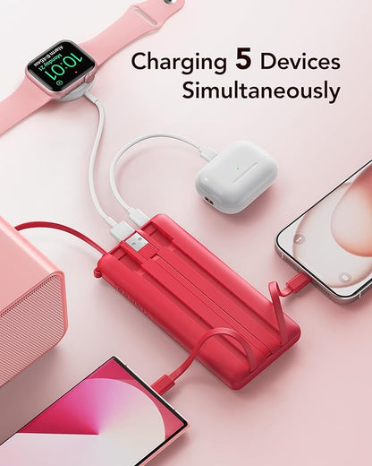 VRURC Portable Charger, 10000mAh Power Bank Built in Cables for iPhone, Slim Compact Travel Essential, 5 Outputs 2 Inputs USB C Battery Pack for iPhone 17 16 15 14 13, Samsung, Android etc-Magenta