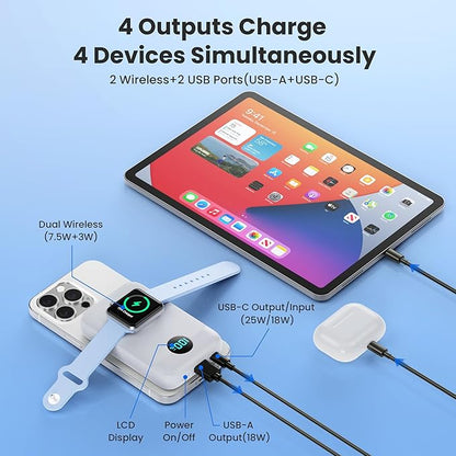 Magnetic Portable Charger for iPhone,10800mAh 4-in-1 Power Bank with iWatch Charger,25W PD Fast Charging Battery Pack for Magsafe,iPhone 17/16/15/14/13/12 Series,Apple Watch,Travel Essential,White