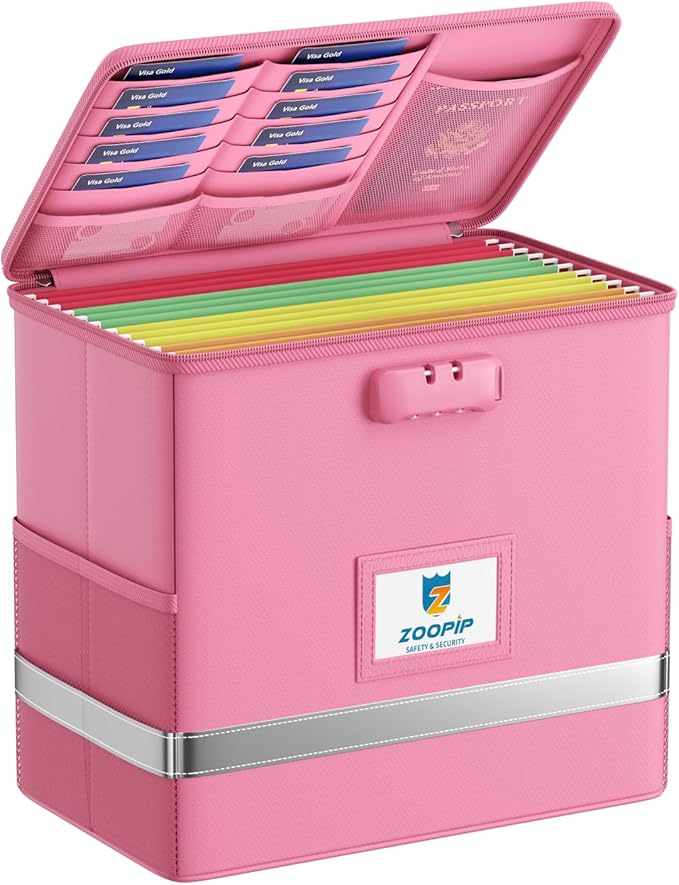 Fireproof File Box with Lock, Document Box Storage Organizer, Suitable for Hanging File Folders in Letter Size, Collapsible File Box, Reflective Strip for Fast Find (12.2"*6"*10.2, Pink)