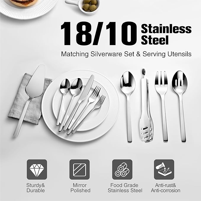 KINGSTONE Silverware Set With Serving Utensils, 65 Piece Flatware for 12, 18/10 Cutlery With 5 Piece Serving Utensil Set - Modern and Original Design, Dishwasher Safe