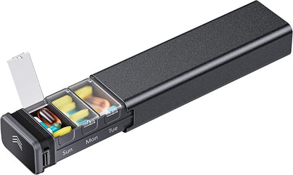 7 Day Weekly Metal Pill Organizer Travel, Kursoaya Premium Aluminum Daily Pill Box, Cute Portable Pill Case, Large Capacity Pill Holder for Supplements, Pills, Vitamins, Medicine (Black)