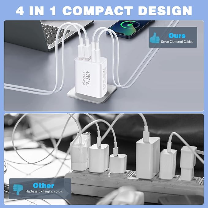 iPhone 17 16 Charger,40W Multiport USB C Charger Fast Charging Block,2Pack 4-Port Type C Phone Chargers 10FT Long Type C Charging Cable for iPhone 17 Pro/17 ProMax/17 Air/16 ProMax/16e/15 Pro/15 Plus