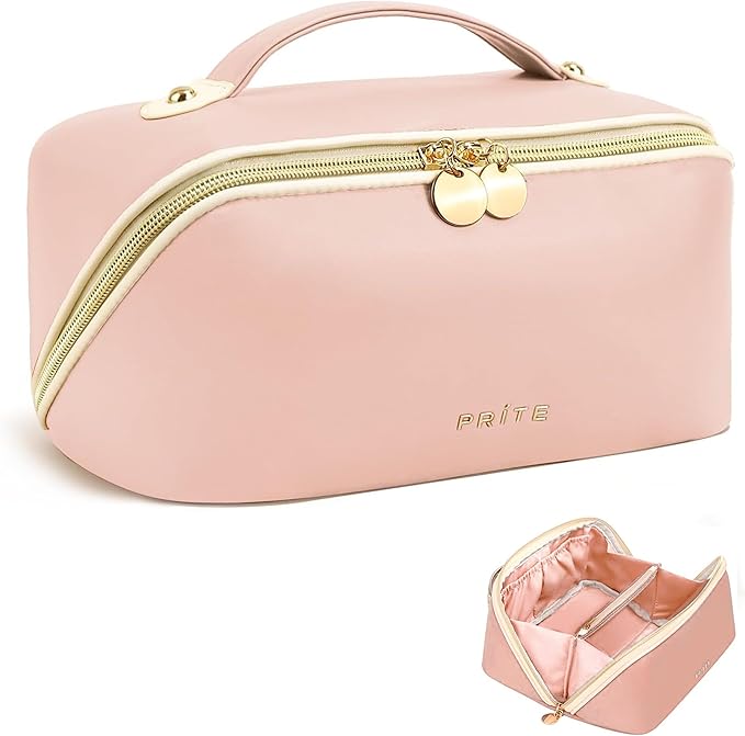 Prite Makeup Bag for Women Travel Waterproof Vegan Leather Cosmetic Bag Open Flat Toiletry Bag With Clear Divider and Handle (Large Pink)