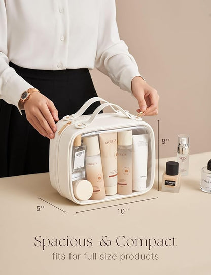 Clear Cosmetic Bag Double Layer Travel Toiletry Bag Clear Makeup Bag Case with 4 Compartments, Transparent Travel Bag for Toiletries, Large Toiletry Bag for Women Cosmetic Case (White, Large)