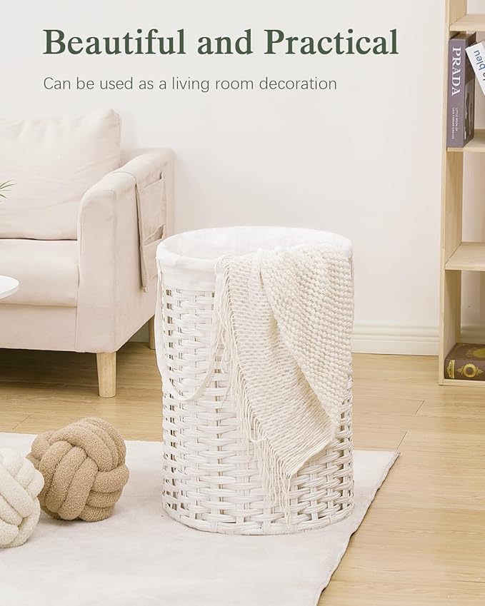 Laundry Hamper Laundry Basket Round 19.0 Gal (72 L) Handwoven Rattan Laundry Basket, Large Wicker Laundry Hamper with Removable Laundry Bag Handles 2 Mesh Bags for Bedroom Living Room White
