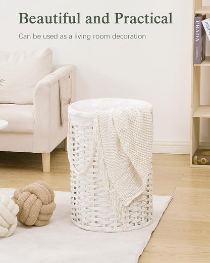 Laundry Hamper Laundry Basket Round 19.0 Gal (72 L) Handwoven Rattan Laundry Basket, Large Wicker Laundry Hamper with Removable Laundry Bag Handles 2 Mesh Bags for Bedroom Living Room White