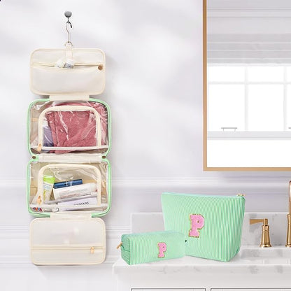 Monogram Cute Initial Toiletry Makeup Bag - Personalized Cosmetic Toiletry Pouch Make Up Case for Women,Her Friend,Sister,Teacher,Birthday Gifts - Green P