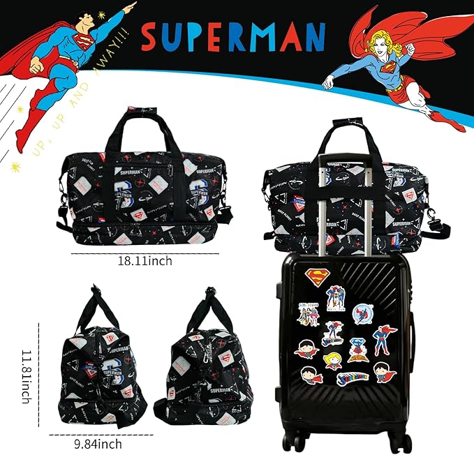 SUPERMAN Travel Duffel Bag with Krypton-Inspired Graphics, Durable Construction, Spacious Storage, Adjustable Shoulder Strap, and Multiple Carrying Options for Fans of Bold Designs