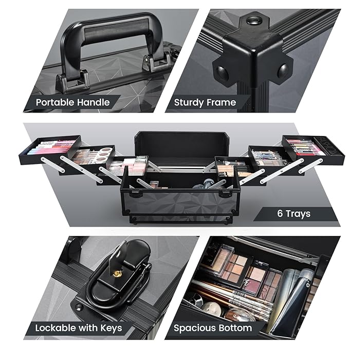 FRENESSA Makeup Train Case Makeup Case 11.8 Inch Large Cosmetic Box Organizer Travel Storage Professional Make Up Train Carrying Case with 6 Trays Locking Hard Vanity Storage Dark Black