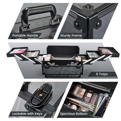 FRENESSA Makeup Train Case Makeup Case 11.8 Inch Large Cosmetic Box Organizer Travel Storage Professional Make Up Train Carrying Case with 6 Trays Locking Hard Vanity Storage Dark Black
