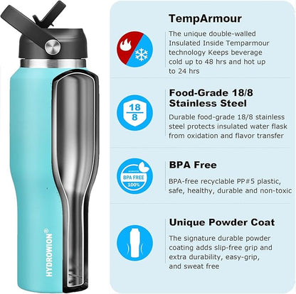 HYDROWION 32oz Stainless Steel Water Bottle(Cold for 48 Hrs, Hot for 24 Hrs), Double Wall Vacuum Insulated Water Bottle with Straw Lid, Spout Lid and Flex Cap, Fit in Any Car Cup Holder, Mint