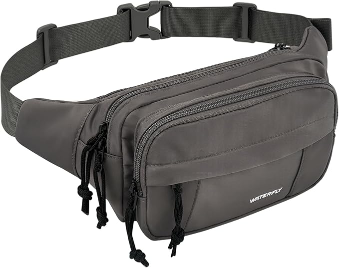 WATERFLY Fanny Pack Waist Packs: Large Crossbody Fanny Packs for Women Men with 5 Zipper Pockets Adjustable Strap Waist Bags Hip Pack for Traveling Cycling Running Hiking-Gray