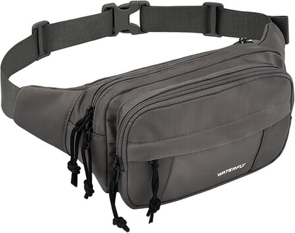 WATERFLY Fanny Pack Waist Packs: Large Crossbody Fanny Packs for Women Men with 5 Zipper Pockets Adjustable Strap Waist Bags Hip Pack for Traveling Cycling Running Hiking-Gray
