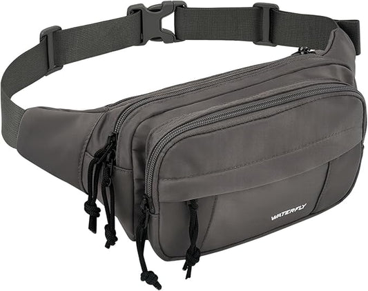 WATERFLY Fanny Pack Waist Packs: Large Crossbody Fanny Packs for Women Men with 5 Zipper Pockets Adjustable Strap Waist Bags Hip Pack for Traveling Cycling Running Hiking-Gray