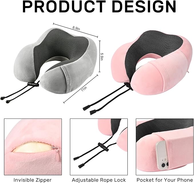 Neck Pillow Airplane-2 Pack Memory Foam Travel Pillow, Soft Support Travel Neck Pillow for Travelling, Sleeping Rest, Car, Train and Home Use (Grey&Pink)