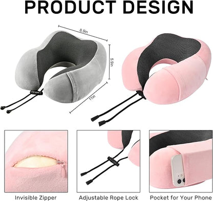 Neck Pillow Airplane-2 Pack Memory Foam Travel Pillow, Soft Support Travel Neck Pillow for Travelling, Sleeping Rest, Car, Train and Home Use (Grey&Pink)