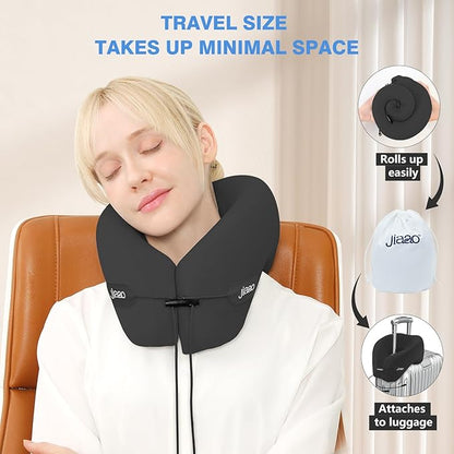 jiaao Memory Foam Travel Neck Pillow for Airplane- 360° Ergonomic Head and Neck Support for Flight, Car, Train, Bus - Soft Travel Pillow for Side & Back Sleepers with Travel Pouch（Black）