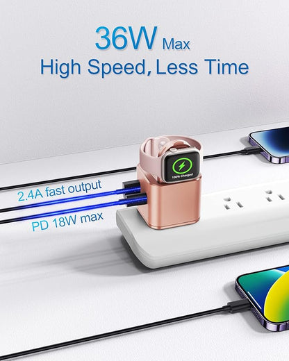 36W for Apple Charging Block with Built-in Watch Charger, Foldable PD Fast Charger Block for iPhone, Dual Ports Wall Charger Compatible with Apple Watch iPhone AirPods(Rose Gold)