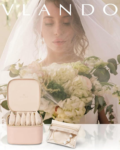 Vlando Travel Jewelry Organizer,Jewelry Travel Case with 6 Velvet Zipper Jewelry Bags Gift Ideas for Birthday Wedding Graduation-Tan