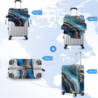 FOREVER QUEEN Luxury Golden Blue Marble Luggage Cover Suitcase Protector Suitcase Cover Anti-Scratch,Stretchable Bag Cover Washable Durable Polyester