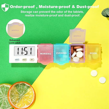 [4 in 1] 1 Day 4 Times Medicine Pill Organizer +5 Alarms + Timer+ Clock, Large Compartments,Loud Sound,Large Screen, Moisture-Proof,Dust-Proof, Travel Daily Pill Box/Organizer/Case/Container/Dispenser