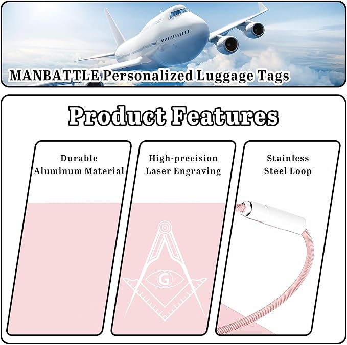 4 PCS Personalized Luggage Tags for Suitcases, Custom Aluminum Luggage Tags for Bags and Backpacks, Waterproof & Heavy Duty Personalized Metal Name Tags for Travel (Pink)