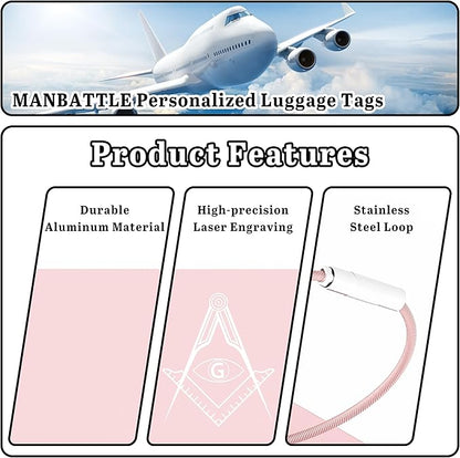 4 PCS Personalized Luggage Tags for Suitcases, Custom Aluminum Luggage Tags for Bags and Backpacks, Waterproof & Heavy Duty Personalized Metal Name Tags for Travel (Pink)