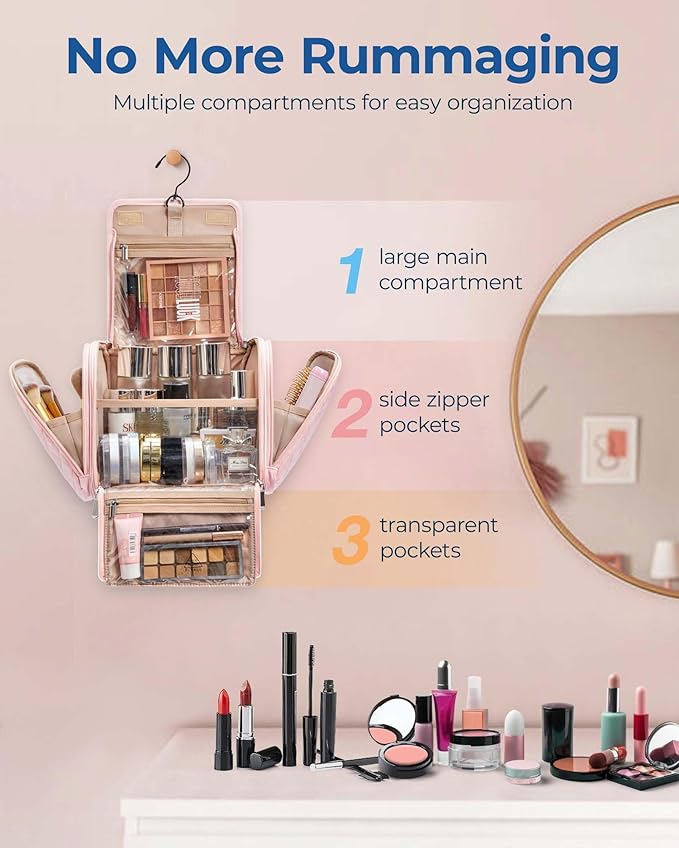 BAGSMART Travel Toiletry Bag, Large Capacity Cosmetic Bags for Women with Hanging Hook, Water-resistant for Toiletries Accessories Brushes Sponge, With Handle