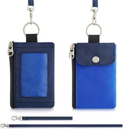 Minimalist Wallet For Mens Womens, Keychain RFID Blocking Zipper Small Wallet with ID Window 2 Lanyards,Water Resistant Travel Cash Card Coin Case Boys Girls