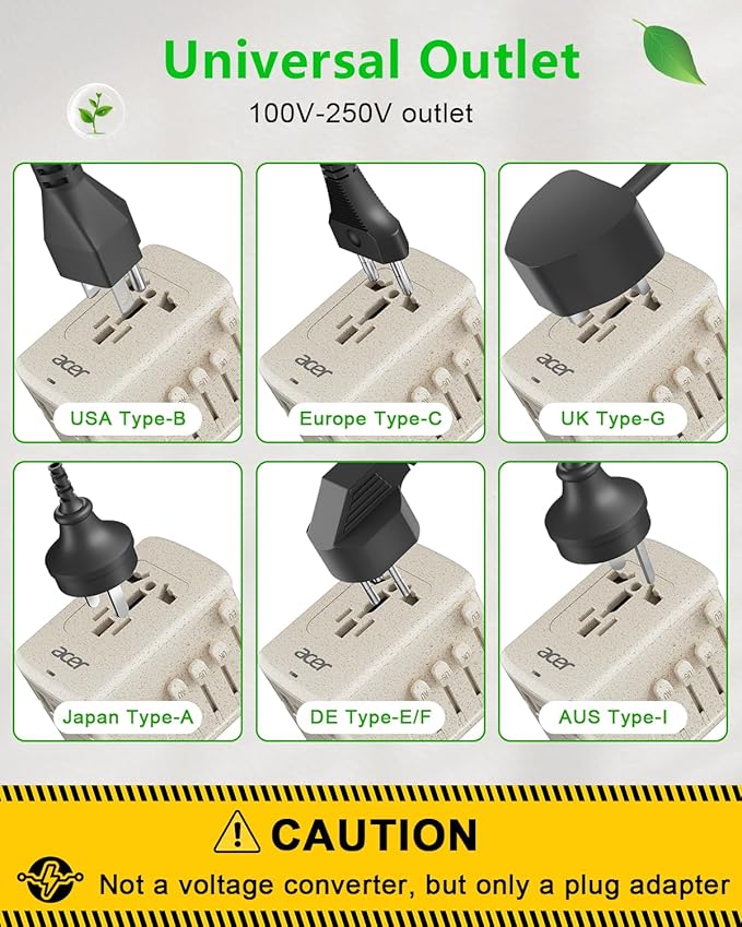 Acer Universal Travel Plug Adapter - International Power Adapter with 5 USB Ports (3 USB C) 5.8A, Worldwide Outlet Charger for USA to European UK France Germany Spain, Type C/E/F/G/I/L/A,Beige