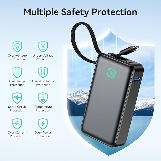 Portable Charger Power Bank, 10,000mAh PD 30W Fast Charging External Battery Pack with Built-in USB-C Cable, Travel Phone Charger with USB-C&A Output for iPhone 17 16 15, Ipad, Samsung, Google Etc