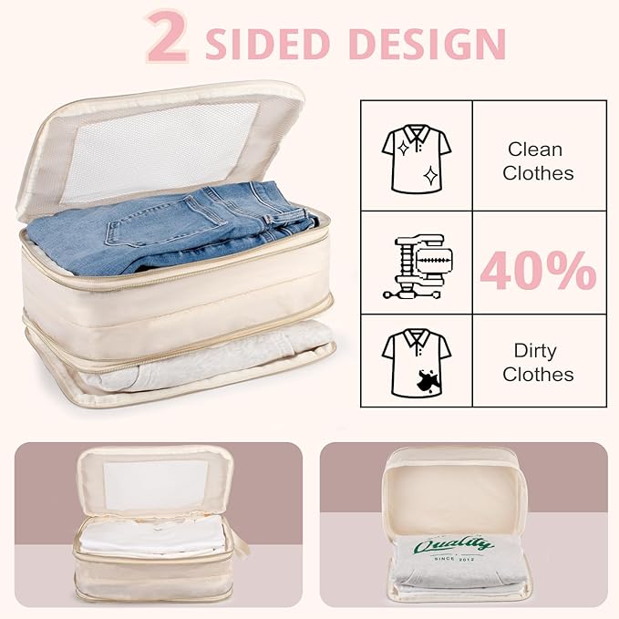 Expandable Double-Sided Compression Packing Cube，3 Set Lightweight Double Deck Organizer Bag Carry on Luggage Backpack Suitcases，Women Travel Accessories for Separate Clean and Dirty Clothes
